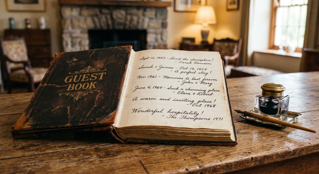 Open physical guestbook with handwritten entries and fountain pen