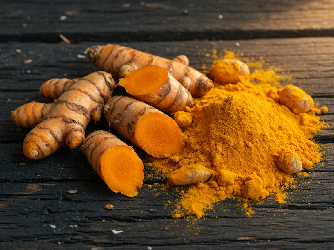 Fresh turmeric root and ground Jamaican turmeric powder